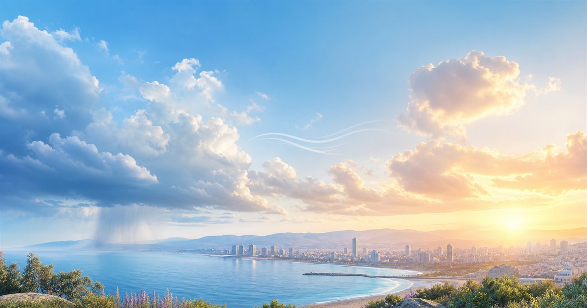שמיים מעל חוף ים־תיכוני עם שמש, עננים וגשם מקומי